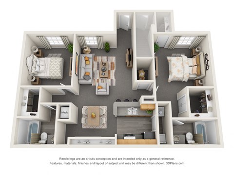 Floor plan for 2 beds, 2 baths, 1032 sqft